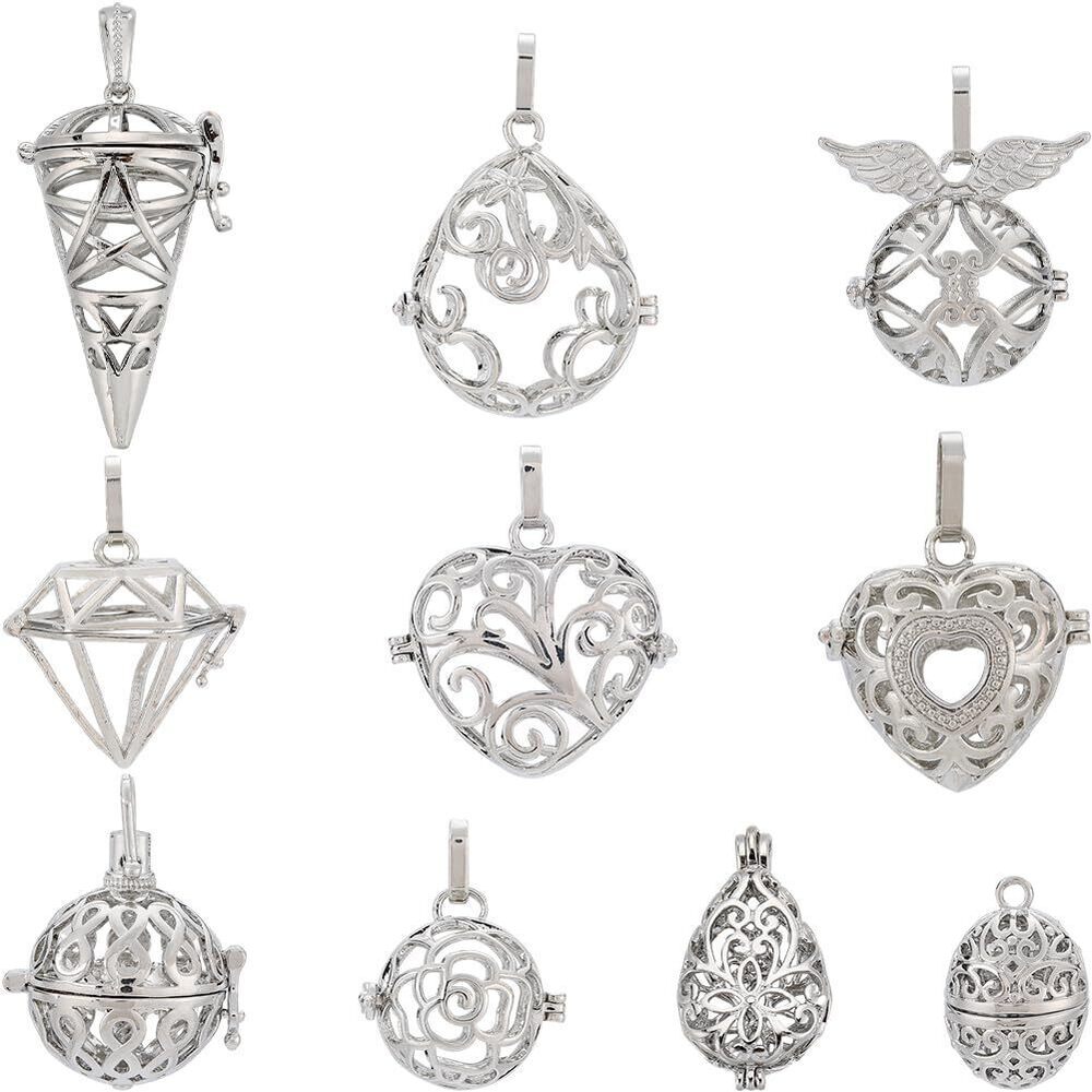 3692 10Pcs Stone Holder Necklace Silver Locket Charms Bulk Cage Pendants
